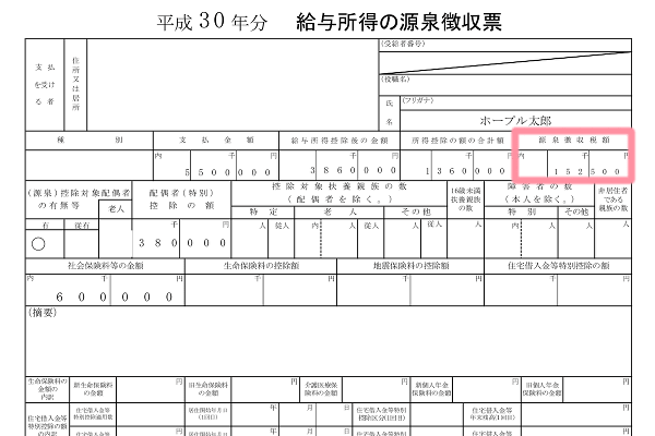 平成30年分 源泉徴収表の見本
